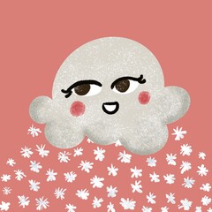 Cute cartoon cloud smiling, snowflakes, pink background 