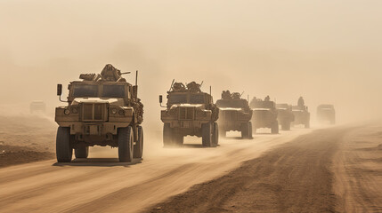 A group of military vehicles drive down a dusty road - obrazy, fototapety, plakaty