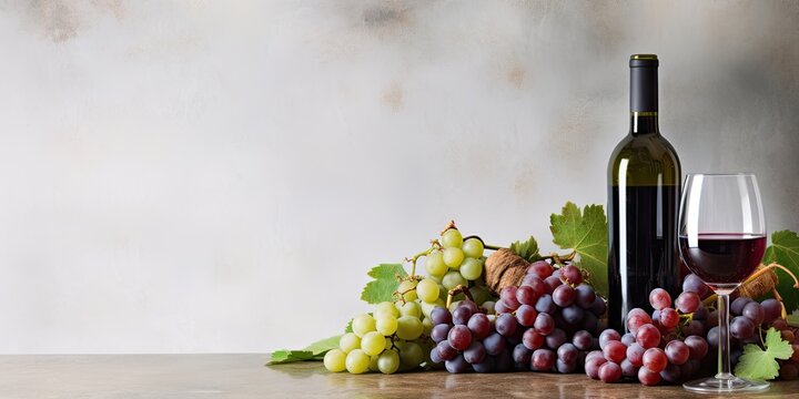 Juicy grapes and bottles of red wine on a White background ,Generative AI.