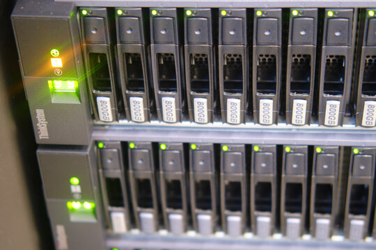 The hard disk error on the panel Lenovo ThinkSystem in the hdd server raid is indicated by a red lamp - Moscow, Russia, September 17, 2022