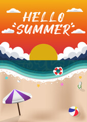 Poster Templates Paper Cut Hello Summer with Sunset and Beach Realistic Illustration