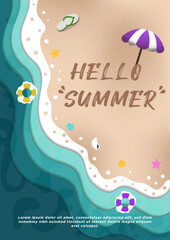 New Concept Poster Template Paper Cut Hello Summer Beach Illustration