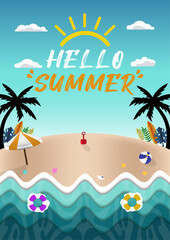 New Concept Poster Templates Paper Cut Hello Summer Beautiful Beach Illustration