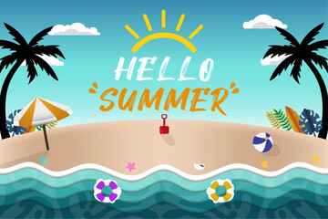 New Concept Vector Paper Cut Hello Summer Beautiful Beach Illustration