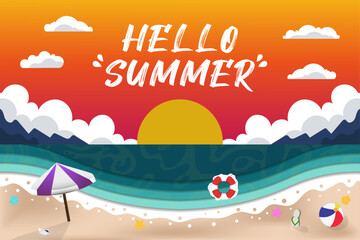 Fototapeta na wymiar Vector Paper Cut Hello Summer with Sunset and Beach Realistic Illustration