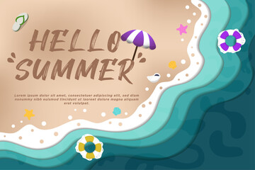Fototapeta na wymiar New Concept Vector Paper Cut Hello Summer Beach Illustration