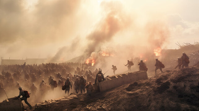 Battle of the military in the war. Military troops in the smoke