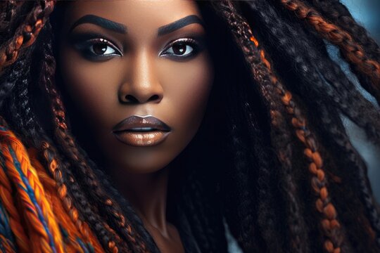 Black skin woman model with long braided hair. African Ethnic female face with interesting hairdo. Extreme close up beauty portrait of beautiful young african woman, created with generative ai