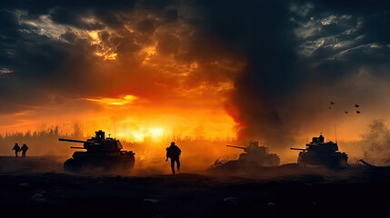 Fototapeta na wymiar War Concept. Military silhouettes fighting scene on war fog sky background, World War Soldiers Silhouettes Below Cloudy Skyline at sunset. Attack scene.