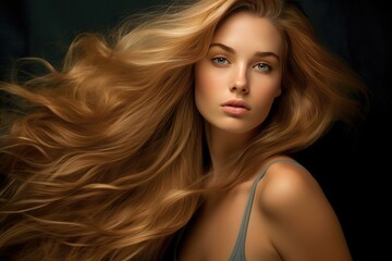 Obraz premium Beautiful Hair. Girl With Healthy Wavy Long Blonde Hair. Portrait Happy Woman With Beauty Face, Makeup And Perfect Curls. Volume, Hairstyle, Hairdressing Concept. created with generative ai