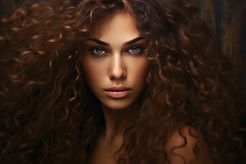 Fototapeta premium Mixed race woman model with long brown curly hair and grey eyes. Female face with interesting hairdo. Close up beauty portrait of beautiful young multicultural woman, created with generative ai