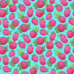 Cartoon seamless pattern with many fresh raspberries on light blue background. Generative AI.