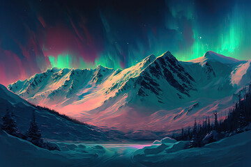 Snow mountains and aurora ,world in the night
