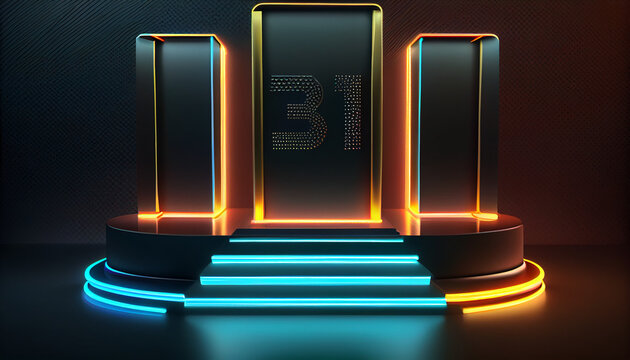 3d neon podium background. Copy space product presentation Ai generated image