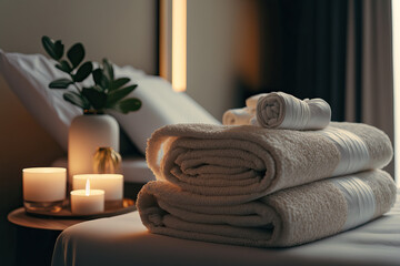 soft beige spa towels on a massage bed in a therapy room ,towels in a spa