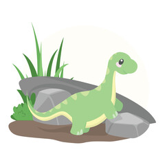 Cute Brontosaurus Climbing Rock Vector Illustrations