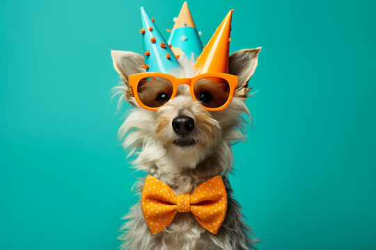 Happy birthday card,, happy party dog isolated on blue background. High quality photo
