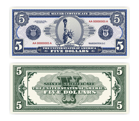 Vector blue banknote obverse and green reverse silver certificate of 5 US dollars. Oval, liberty and guilloche frame. American paper fictional money.