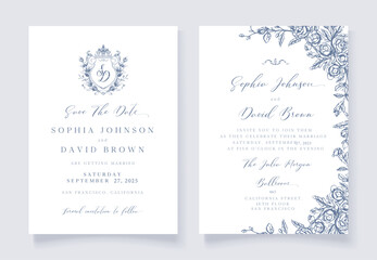 Vintage Floral Wedding Invitation, Save The Date , blue antique wedding.