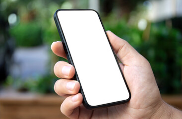 man hand holding phone with isolated screen on background street