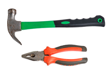 Isolated Pliers and Hammer on White Background