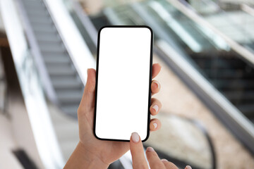 woman hand hold phone with isolated screen background stairs office