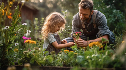 Mutter/Vater und kleine/s Tochter/Sohn gärtnern zusammen, verbinden sich beim Pflanzen von Blumen und Gemüse, fördern das Wachstum und kultivieren die Liebe zur Natur Generative AI - obrazy, fototapety, plakaty