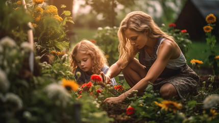 Mutter/Vater und kleine/s Tochter/Sohn gärtnern zusammen, verbinden sich beim Pflanzen von Blumen und Gemüse, fördern das Wachstum und kultivieren die Liebe zur Natur Generative AI - obrazy, fototapety, plakaty