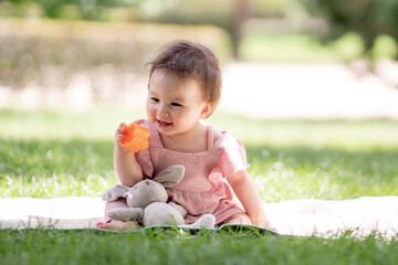 adorable and happy baby girl playing outdoors in the park - portrait of 7 or 8 months old beautiful little child smiling cheerful sitting on mat on grass at city park playing with plastic blocks