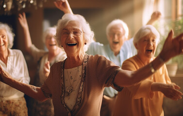 Aufnahme einer fröhlichen Gruppe von Senioren, die beim Tanzen Vitalität zeigen, unterstreicht die Kameradschaft und den aktiven Lebensstil im Ruhestand und spiegelt den Geist wieder. Generative AI - obrazy, fototapety, plakaty