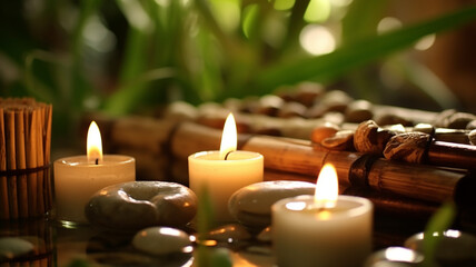 Obraz na płótnie Canvas Natural cosmetics and Beauty spa treatment with candles with stones in Bamboo forest for spa wallpaper Generative AI