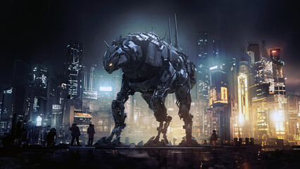 Metal Robot Wolf in the Future City in the Night, Wallpaper 4K, Generative AI