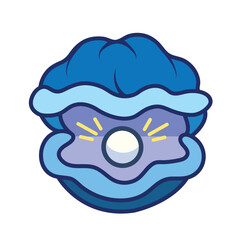 Sea blue shell with pearl full colored vector icon outline isolated on square white background. Simple flat sea marine animal creatures outlined cartoon drawing.