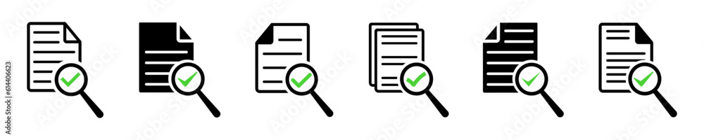 Poster set of analysis, audit or analytics vector icons. document with magnifier glass and check mark. vect