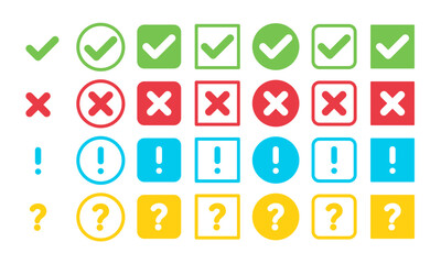 Set of check mark, exclamation, cross and question sign. Colored signs. Vector 10 Eps.