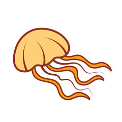 Swimming jellyfish orange colored vector icon outline isolated on square white background. Simple flat sea marine animal creatures outlined cartoon drawing.