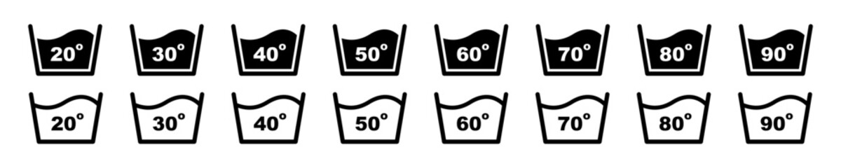 Set of temperature wash vector icons. Washing clothing from 20 to 90 degree celsius. Instruction to washing. Vector 10 Eps. - obrazy, fototapety, plakaty