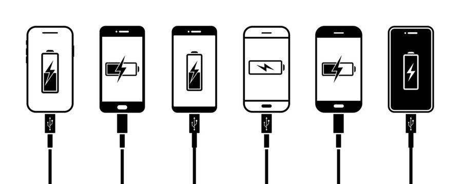 Set of charging phone vector icons. Smartphone connection to charge battery. Usb cable and mobile phone. Vector 10 Eps.