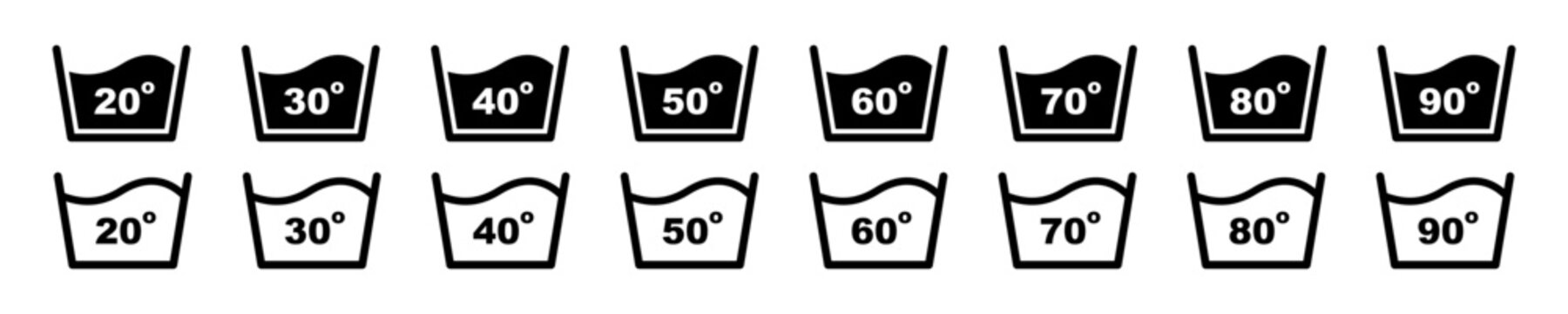 Set of temperature wash vector icons. Washing clothing from 20 to 90 degree celsius. Instruction to washing. Vector 10 Eps.