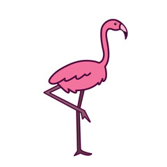 Flamingo bird pink colored vector icon outlined isolated on square white background. Simple flat sea marine animal creatures outlined cartoon drawing. Stand on one leg bird.