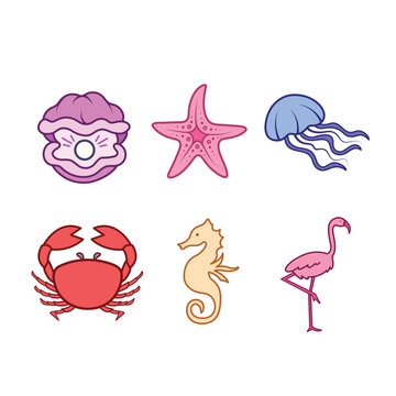 Beach or sea marine animals full colored and outlined vector icon set collection isolated on square white background. Simple flat sea marine animal creatures outlined cartoon drawing.