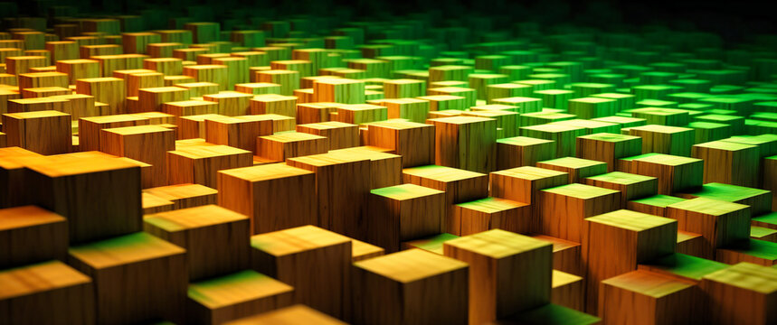 several rows of wood blocks piled in a green forest