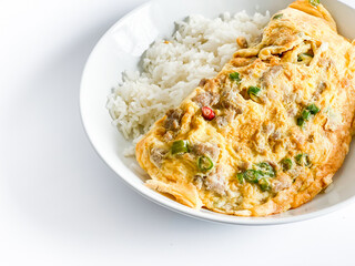 Omelet with pork and chili on rice on  the white background