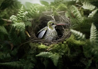A delicate and intricate hummingbird nest hidden. Wallpaper, Background, digital Poster, Generative AI.