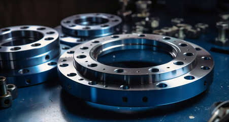 steel flanges are gathered on a stainless steel plate