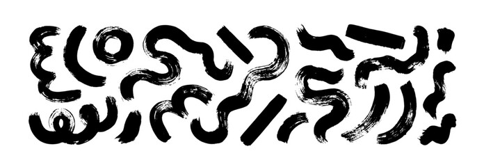 Collection squiggle bold lines and brush drawn doodles. Hand drawn abctract organic shapes. Childish scribble lines, organic irregular circular vector strokes. Abstract elements isolated on white.