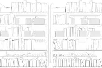 Vector of library book shelf background. Mockup of bookshelf with blank books. Outline Books on the shelves simply retro vector illustration. line drawing of book, library, education, school, study. © German Ovchinnikov