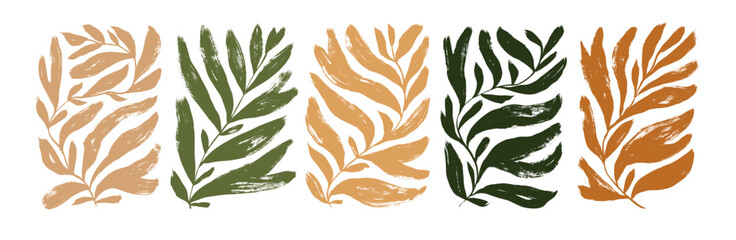 Matisse inspired contemporary plant shapes in neutral colors. Brush drawn branches with long leaves and curved stems. Modern Matisse style. Hand drawn abstract vector palm leaf in rectangle shapes.