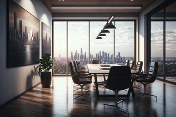 a luxury meeting room, adorned with floor-to-ceiling windows offering a panoramic city view, flooded with invigorating daylight. Generative AI.