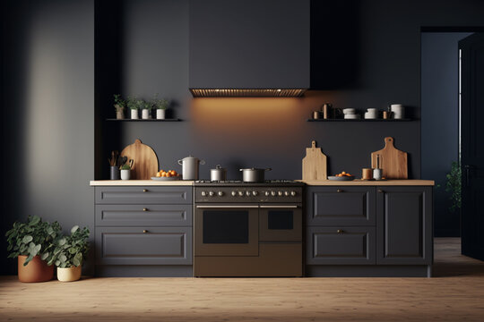 sleek elegance of a dark kitchen interior, featuring an empty grey wall, a panoramic window, a modern sink, a gas cooker, and neatly arranged crockery. Wooden floor minimalist design. Generative AI.